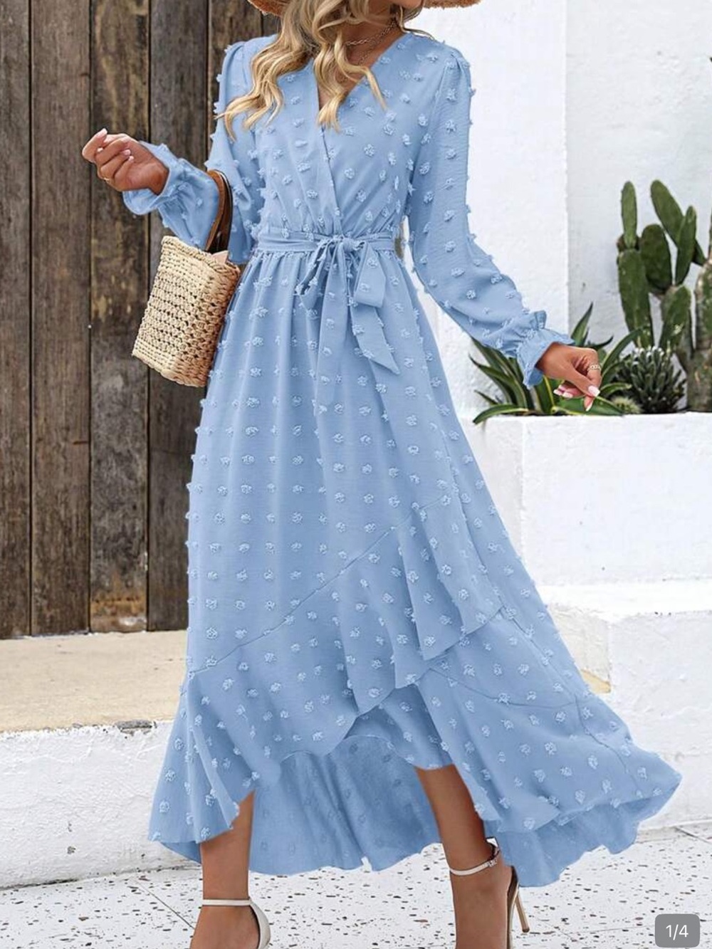 Sky Blue Textured Maxi Wrap Dress with Tie Waist